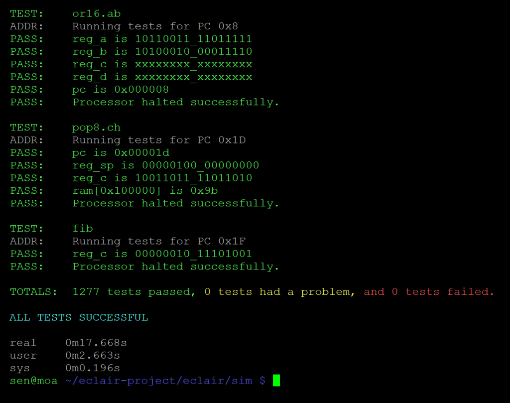 a console screenshot of the ECLair test suite passing all its tests in just over 17 seconds